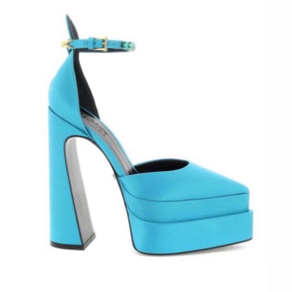 SOLD ✨ Versace Blue Medusa Aevitas Satin Platform Point Toe Pumps Size 38 - Picture 10 of 10
